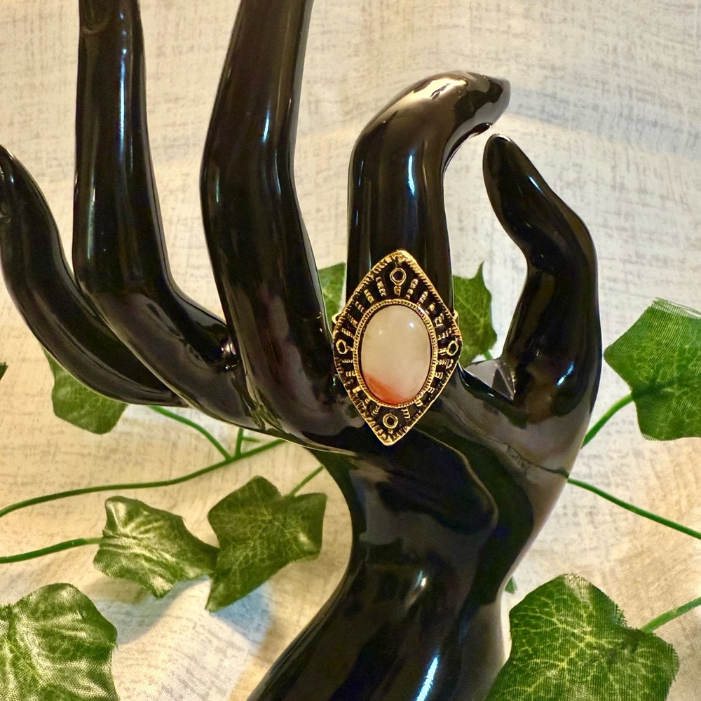 NWT Antique-Inspired Gold Statement Ring with Oval Cabochon Stone, Adjustable - Picture 1 of 4